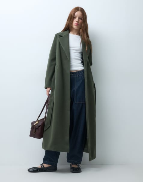 Vero Moda Petite – Ciemnozielony elegancki płaszcz maxi z paskiem - view 1
