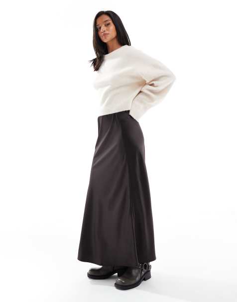 Vero Moda Petite satin bias midi skirt in chocolate