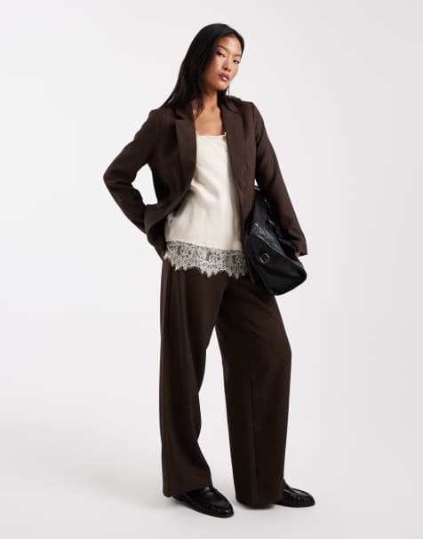 Vero Moda Petite - Co-ord set van oversized elegante blazer en broek met wijde pijpen en tweedlook in chocoladebruin - view 1