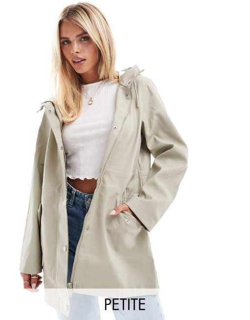 Vero Moda Petite coated rain jacket with hood in stone