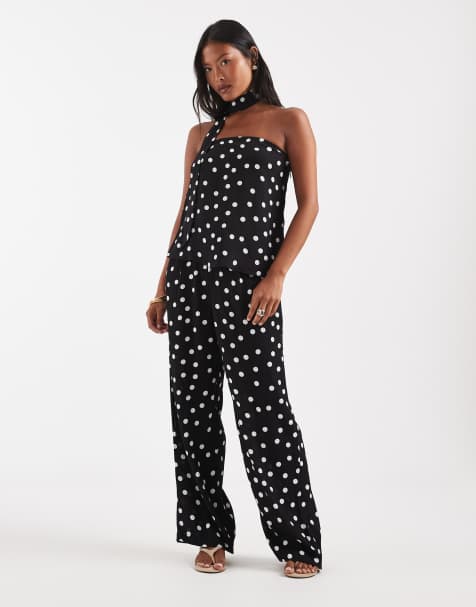 Vero Moda Petite - Conjunto negro y blanco con estampado de lunares de top con escote palabra de honor y detalle de fular y pantalones de pernera ancha de tejido liso - view 1