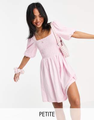 cotton shirred mini skater dress with puff sleeves in pink - PINK