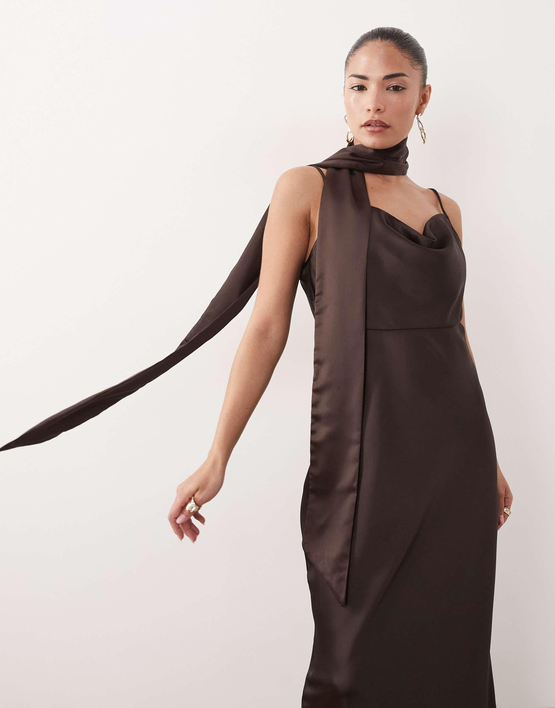 vero moda petite cowl neck satin cami midi dress with scarf detail in chocolate brown