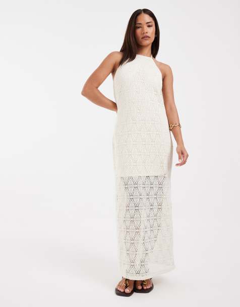 Vero Moda Petite - Cremefarvet maxikjole i blondestof med stretch og halterneck - view 1