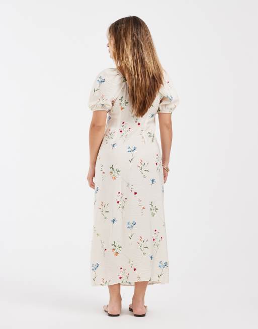 Vero Moda Petite - Cremehvid maxikjole med pufærmer, bindebånd foran og blomstermønster, 4 af 4