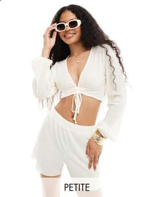 cropped plisse top with tie front in cream - part of a set-White