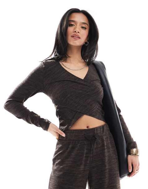 Vero Moda Petite cross front jersey top co-ord in chocolate melange - view 1
