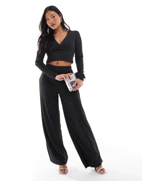 Vero Moda Petite cross front top and wide leg trouser set in black glitter - view 1
