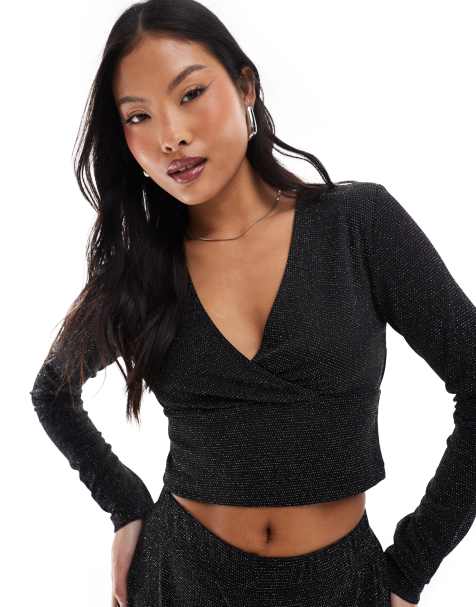 Vero Moda Petite cross front top co-ord in black glitter - view 1