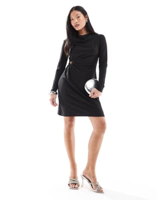 cut out draped mini dress in black