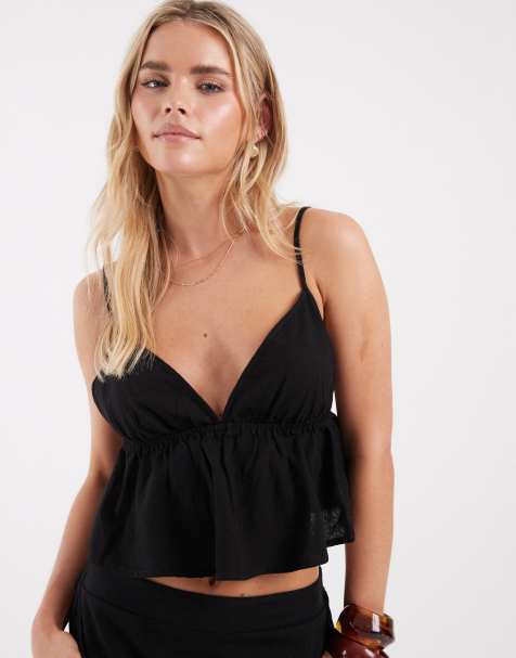 Vero Moda Petite linen touch cami strap top co-ord in black