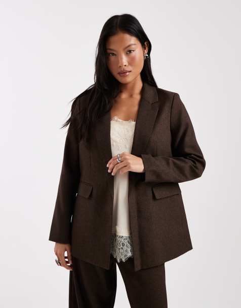 Vero Moda Petite oversized tweed look tailored blazer co-ord in chocolate