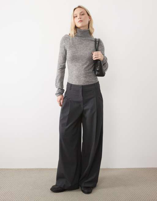 Vero Moda Petite double pleat front wide leg pant in dark grey melange, 5 of 5