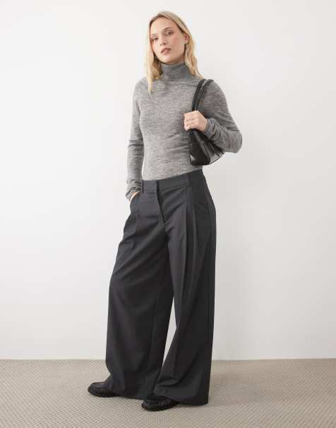Vero Moda Petite double pleat front wide leg trouser in dark grey melange - view 1
