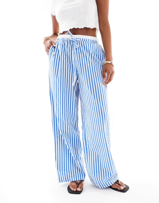 Vero Moda Petite double waistband detail wide leg trouser in blue stripe, 3 of 5