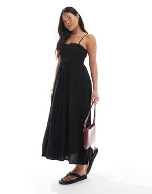 Vero Moda Petite - Easy - Gesmoktes, knöchellanges Camisole-Kleid in Schwarz