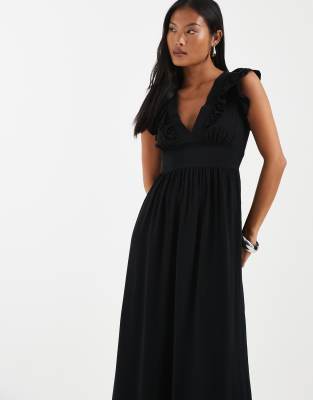 Vero Moda Petite Easy Joy Ruffle Shoulder Plunge Front Midi Dress In Black