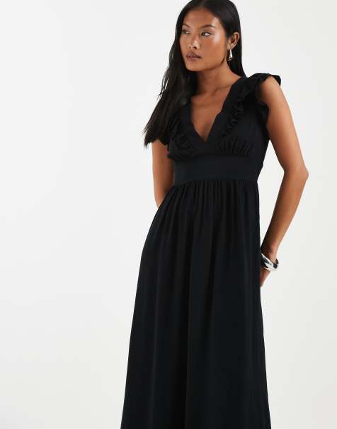 Vero Moda Petite Easy Joy ruffle shoulder plunge front midi dress in black