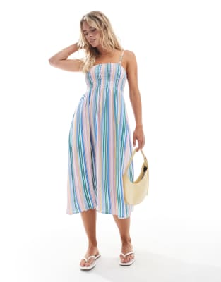 easy shirred cami midi dress in candy stripes-White