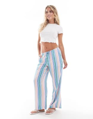 Easy tie waist wide leg pants in candy stripe-White