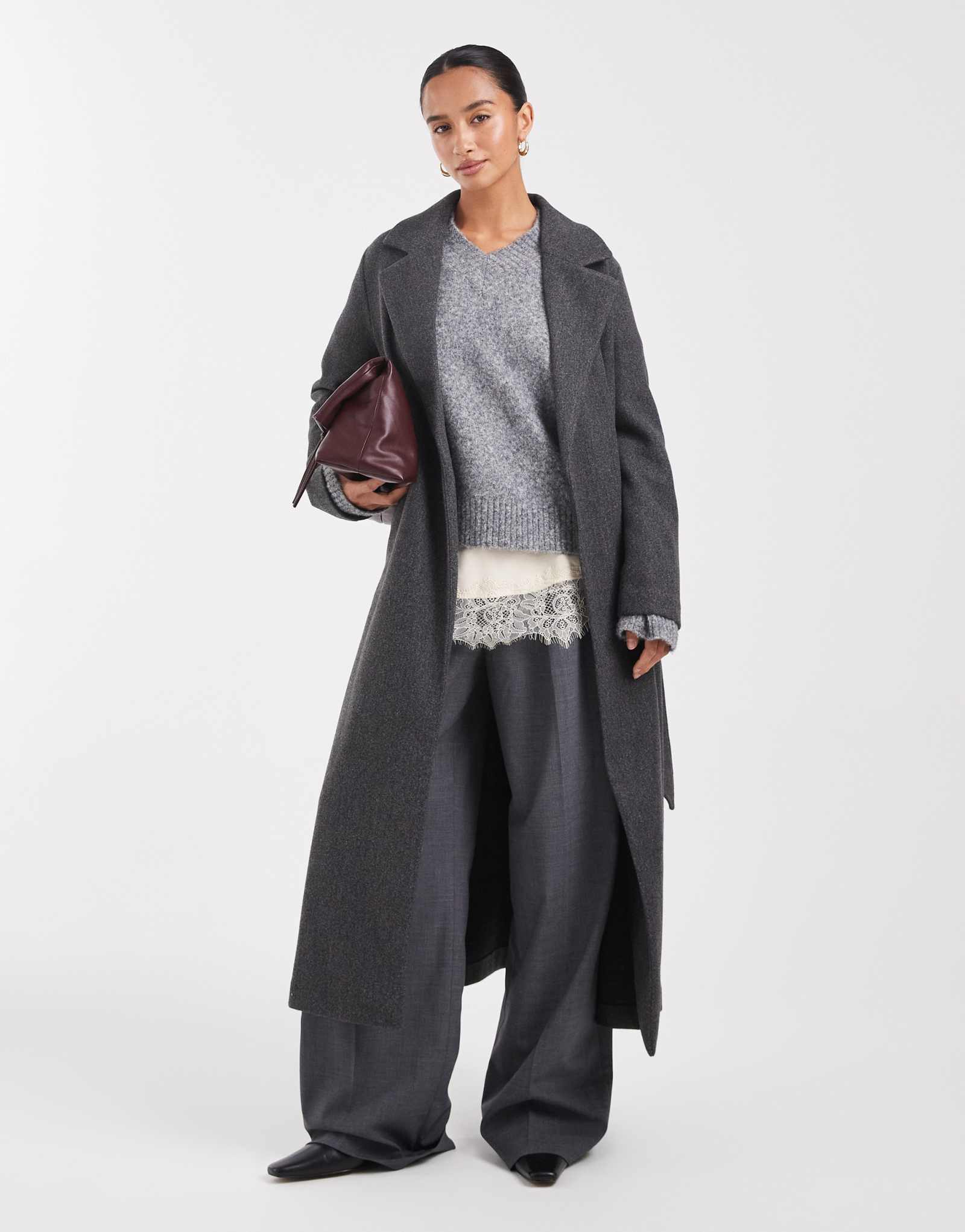 Вечернее пальто Vero Moda Petite с удлиненной талией и завязками на талии из темно-серого меланжа