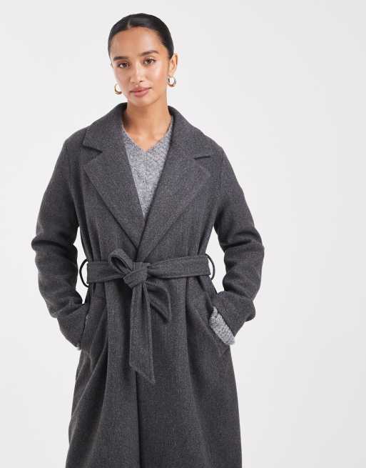 Vero Moda Petite extra long tie waist formal coat in dark gray melange