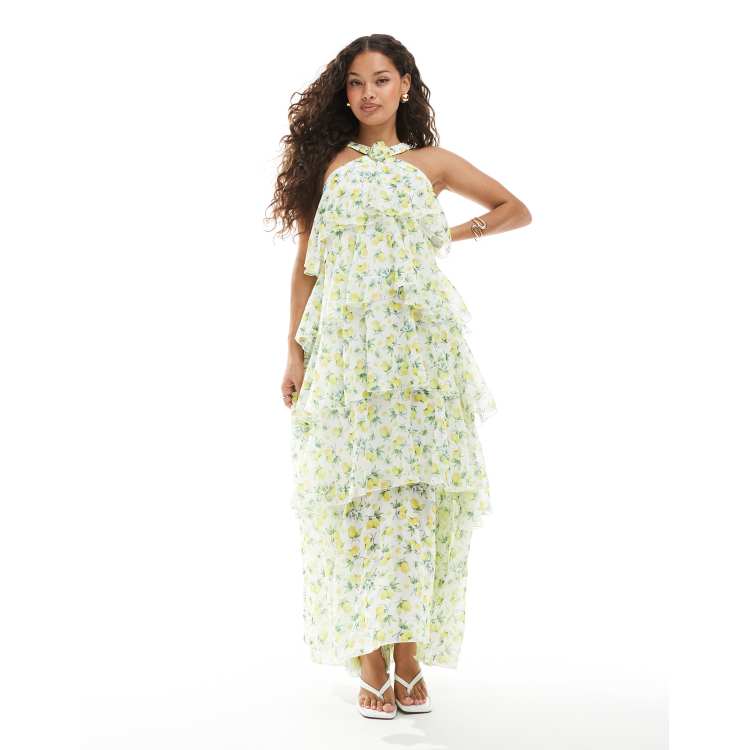 vero moda lana ruffle tiered halter dress Petite Felicia neck maxi with corsage detail in lemon print REGALO-ABANICO