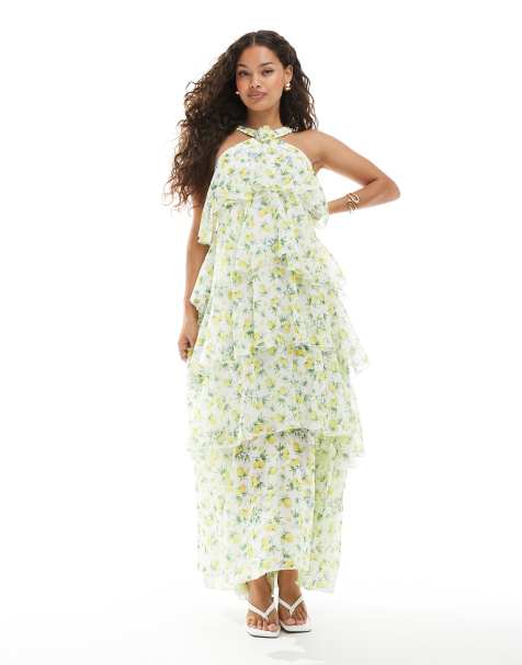 Vero Moda Petite Felicia halter neck tiered maxi dress with corsage detail in lemon print
