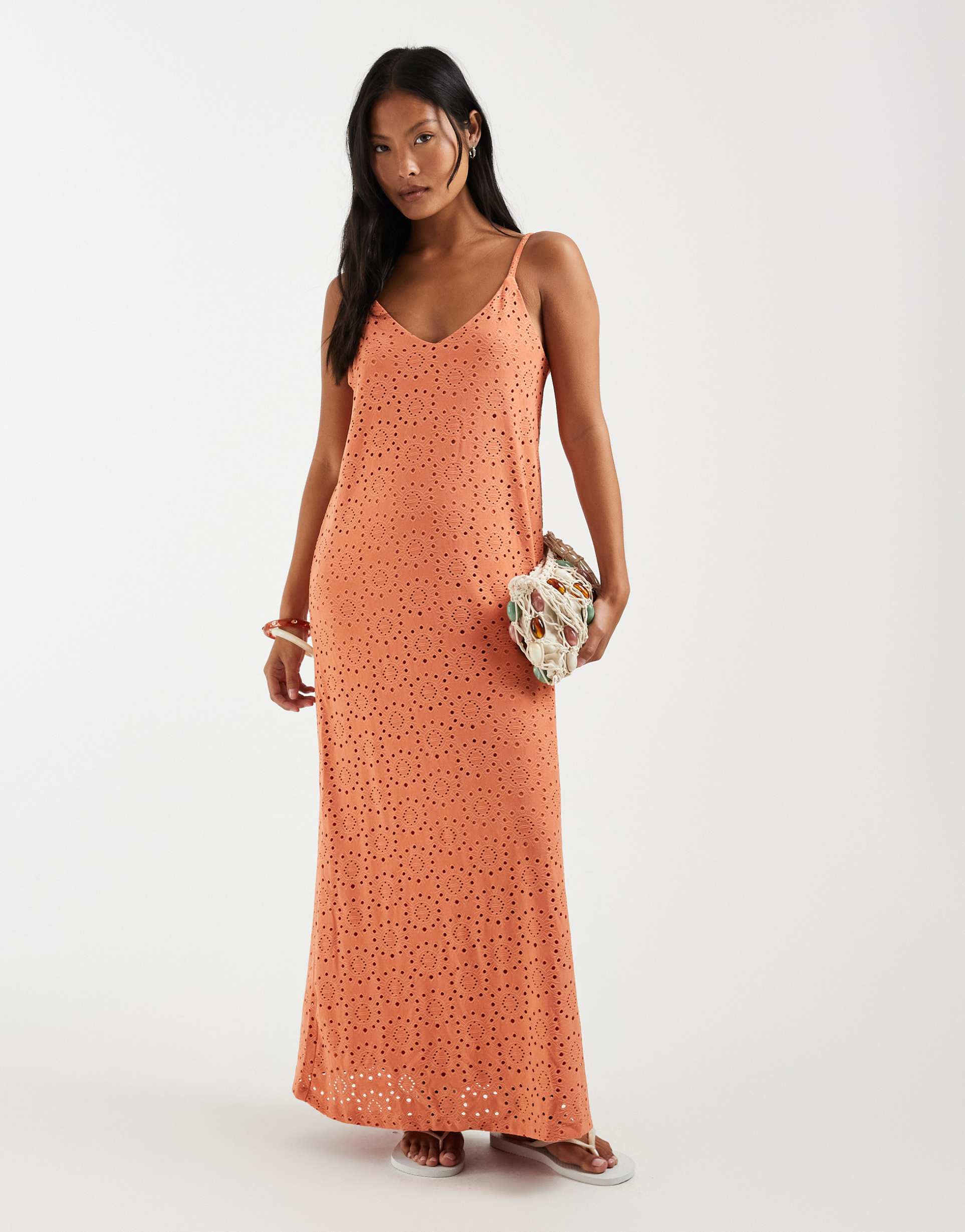 vero moda petite floral eyelet jersey cami maxi dress in orange