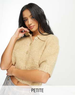 Vero Moda Petite fluffy button through knitted top in camel