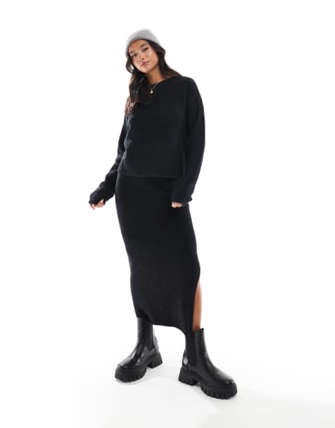 Vero Moda Petite fluffy jumper and midi skirt set in black - view 1