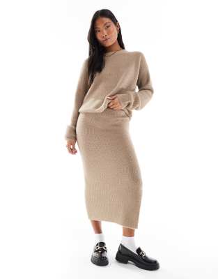 Vero Moda Petite fluffy sweater and midi skirt set in beige