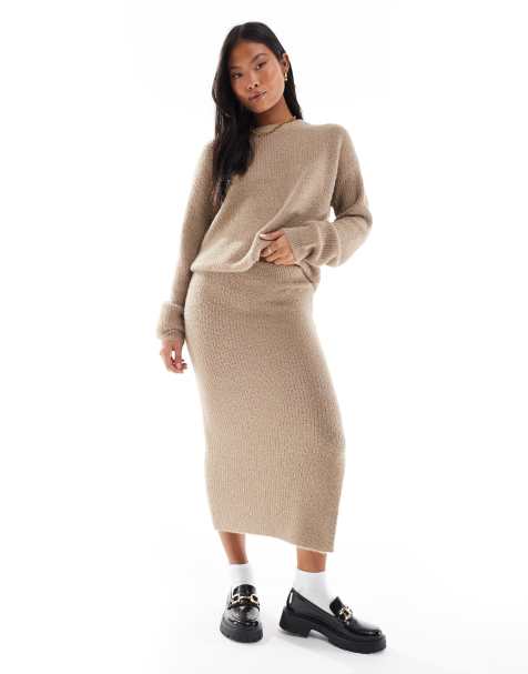 Vero Moda Petite fluffy sweater and midi skirt set in beige - view 1