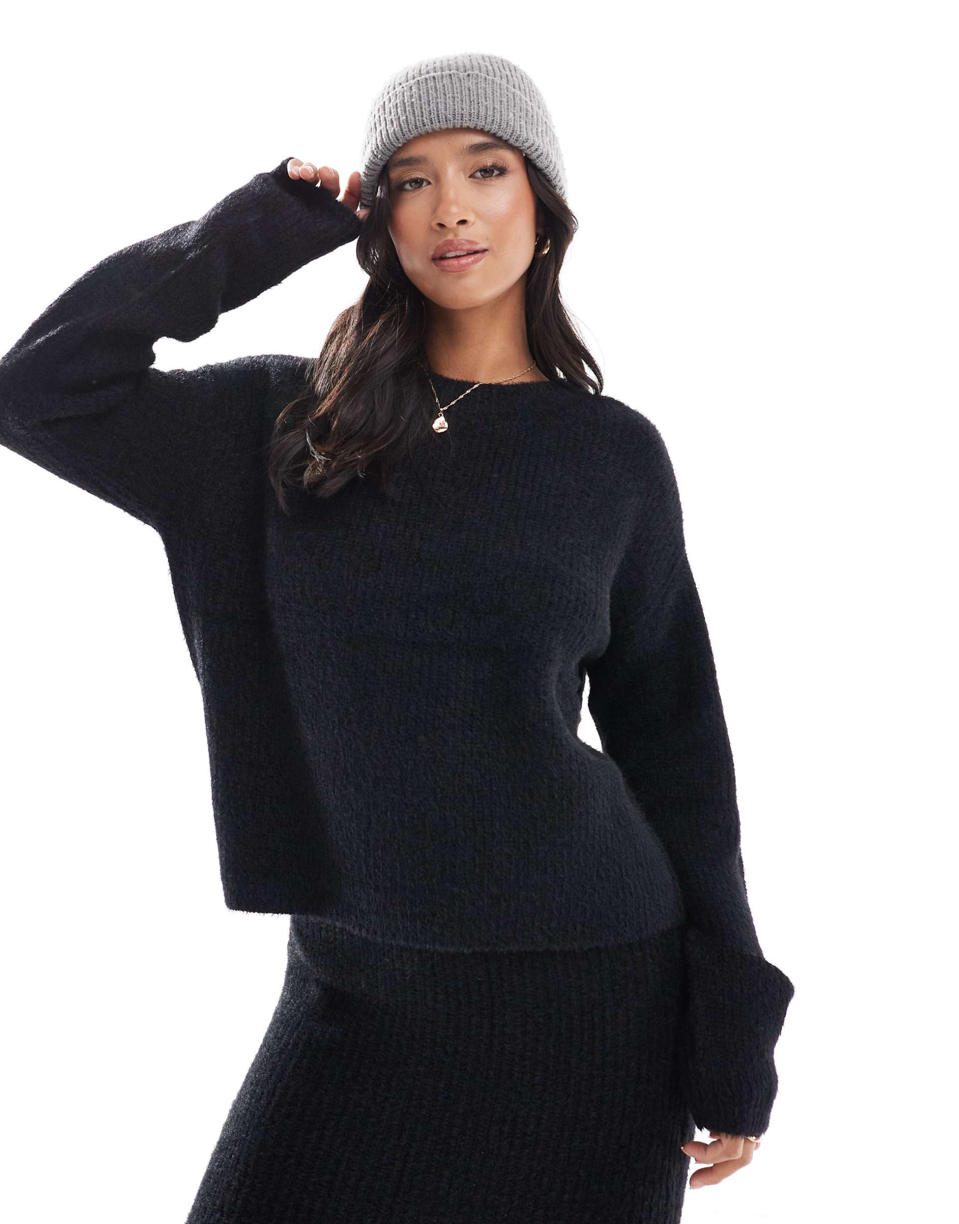 vero moda petite fluffy sweater in black - part of a set