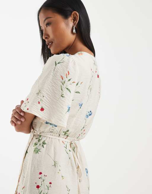 Vero Moda Petite flutter sleeve wrap front mini dress in cream floral print, 3 of 4