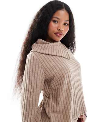 foldover ribbed jersey top in beige - part of a set-Neutral