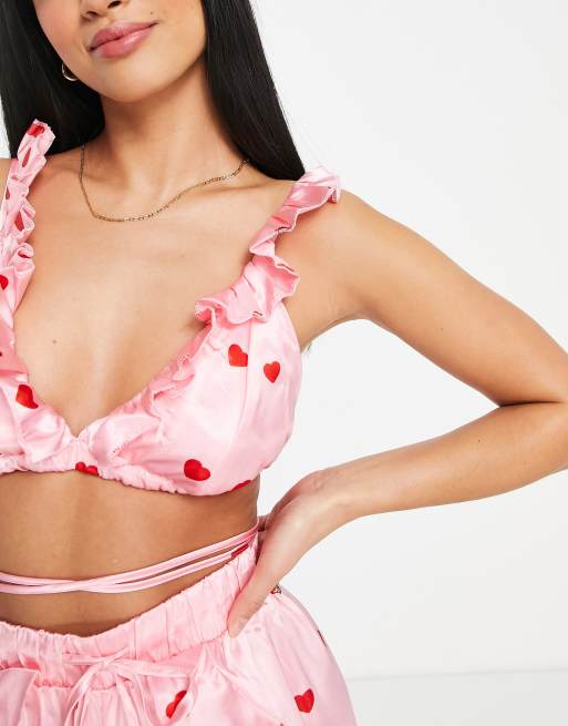 Vero Moda Petite frill & strap detail pyjama set in pale pink heart print, 3 of 4
