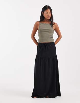 Petite - Gestufter Boho-Maxirock aus schwarzem Jersey mit Taillenschnürung Schwarz L