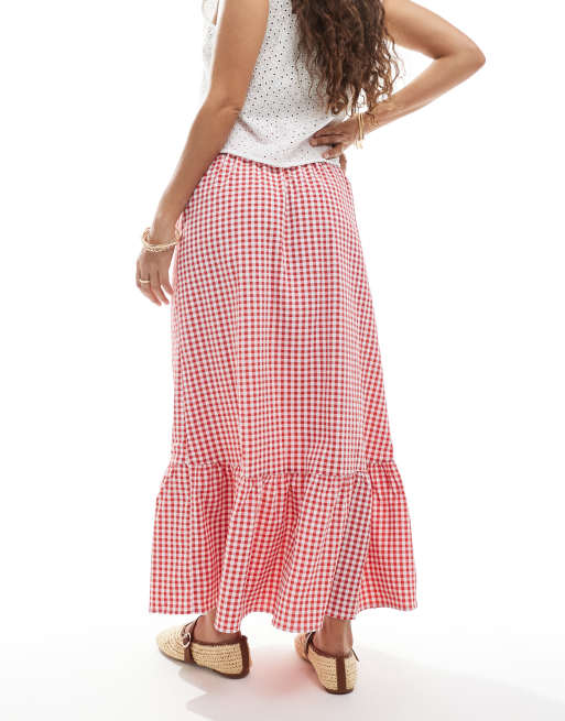 Vero Moda Petite – Gestufter Maxirock mit Vichy-Karomuster in Rot, 4 von 5