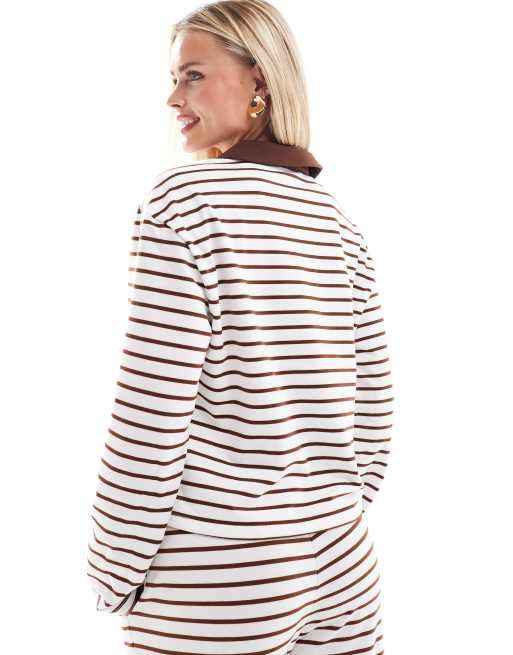 Vero Moda Petite – Gräddvit och brunrandig pikétröja i jersey, del av set, 3 av 3