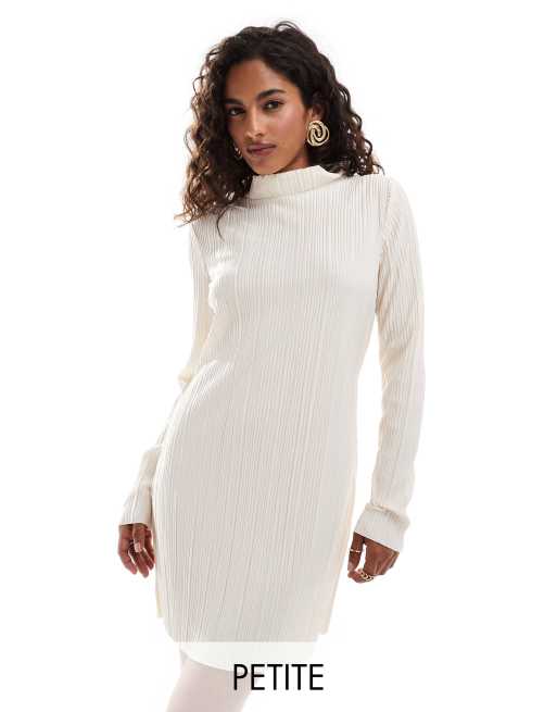 Vero Moda Petite – Gräddvit, plisserad miniklänning med hög krage