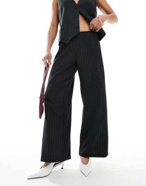 Vero Moda Petite jersey crepe wide leg trousers in charcoal pinstripe