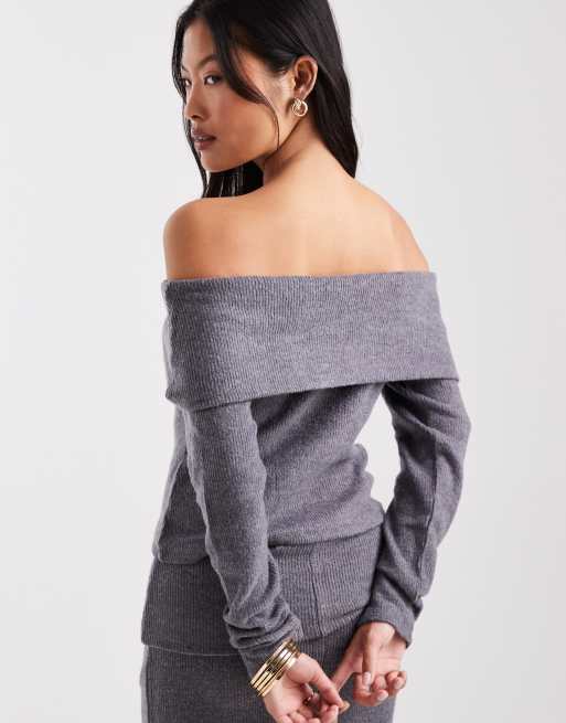 Vero Moda Petite - Gråmeleret langærmet top i blødt materiale med offshoulder-design - Del af sæt, 3 af 4