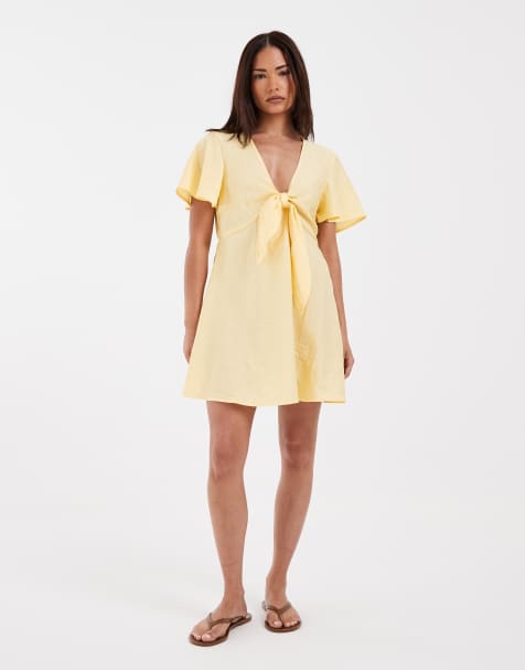 Vero Moda Petite – Guldgul, krinklad, vävd miniklänning med knytning framtill - view 1