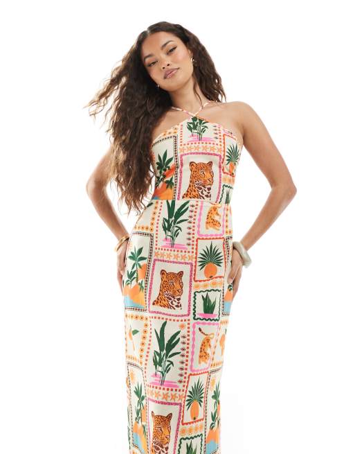 Vero Moda Petite halter maxi dress in tropical postcard print