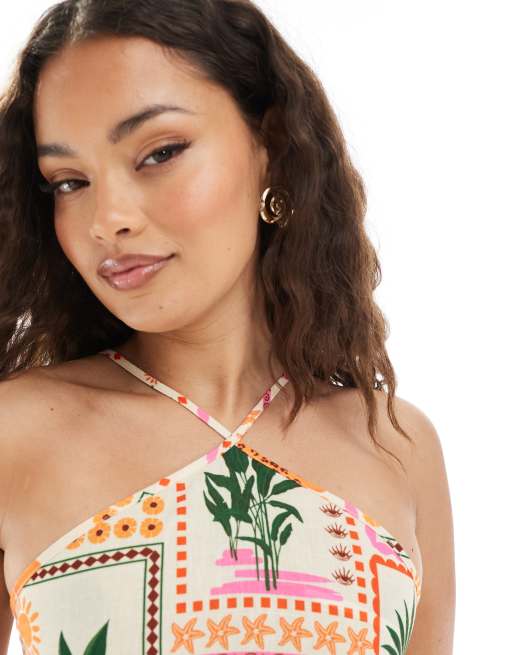 Vero Moda Petite halter maxi dress in tropical postcard print