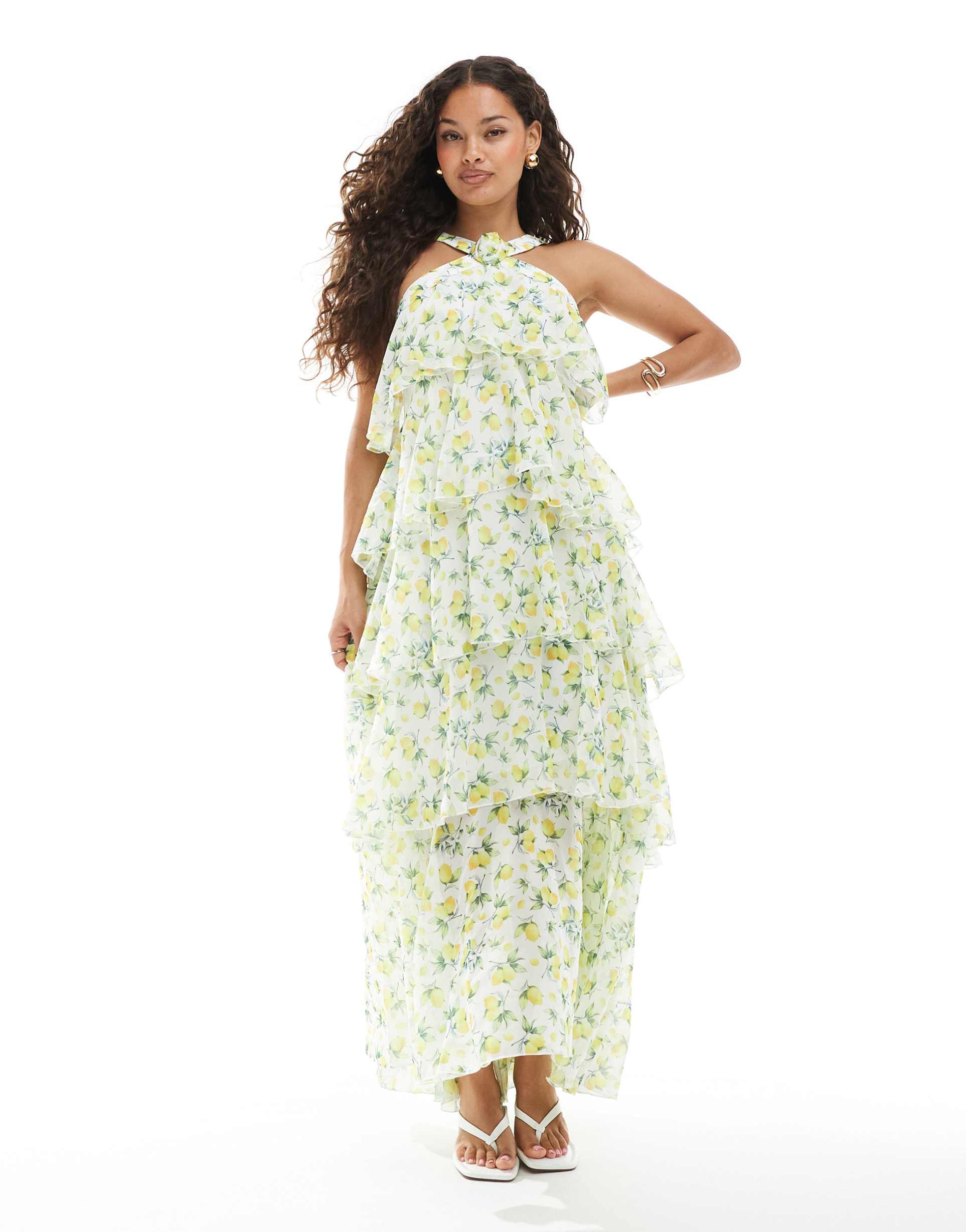 vero moda petite halterneck tiered maxi dress with corsage detail in lemon print
