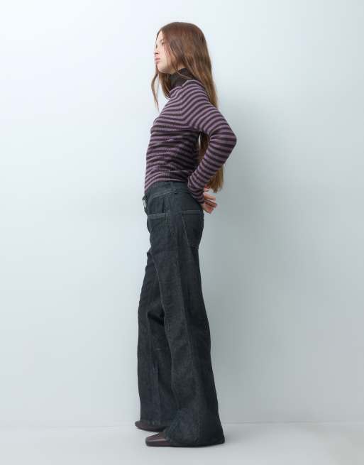Vero Moda Petite Hazel jean évasé taille haute avec détail de couture en denim noir, 2 de 5