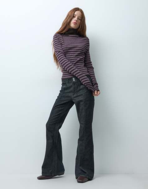 Vero Moda Petite Hazel jeans med hög midja, dekorativ söm och utsvängda ben i svart denim - view 1