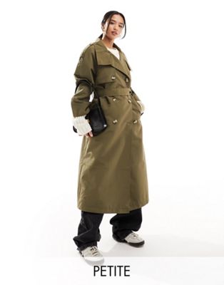 Vero Moda Petite high neck belted maxi trench coat in khaki